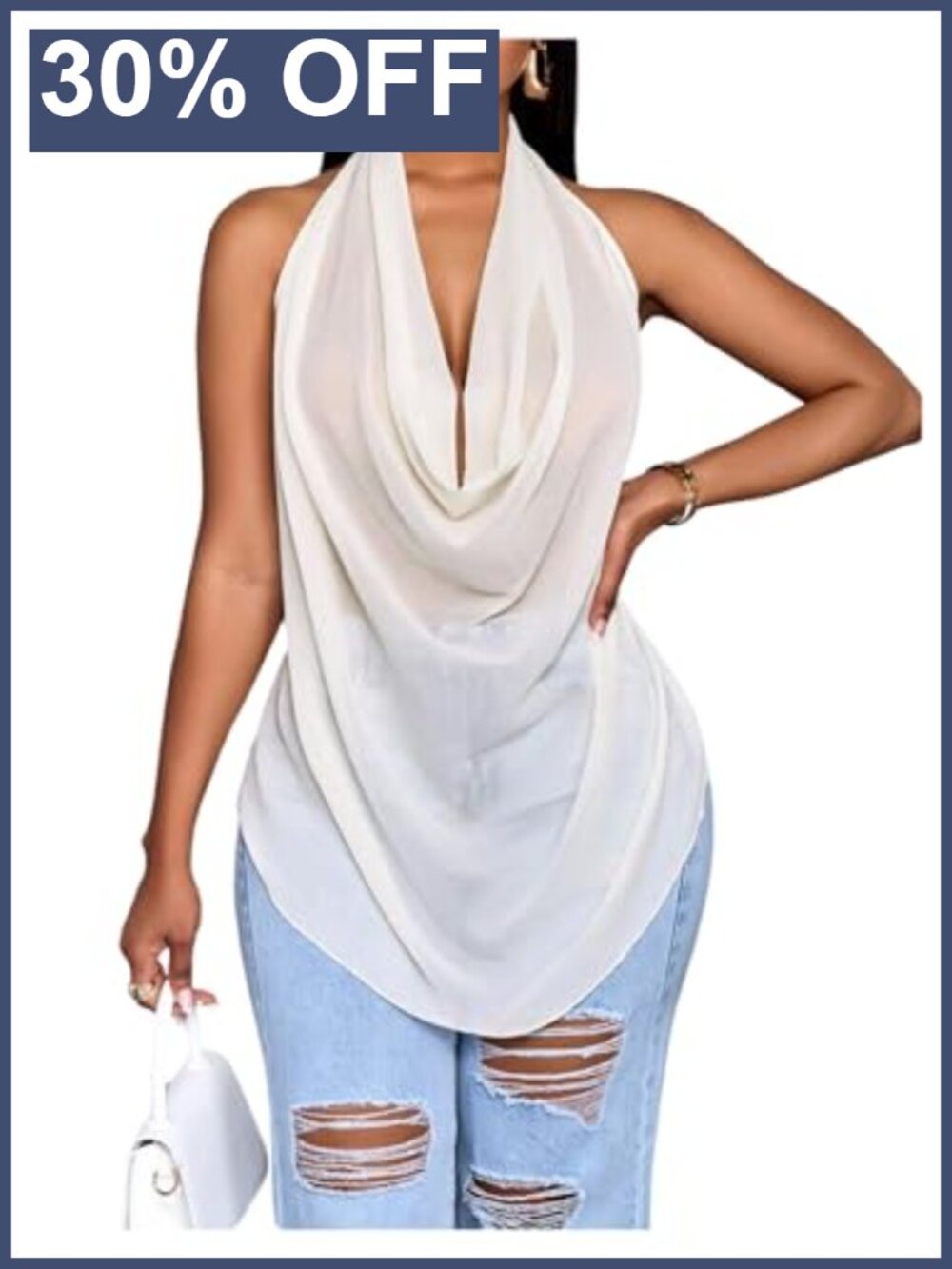 Womens Cowl Neck Halter Top Backless See Through Draped Party Top